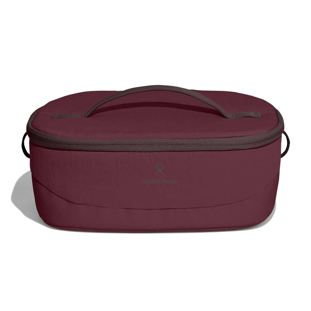 Maroon Hydro Flask oval insulated lunch bag with dark gray zip-around top, matching carry handle, small side loops, and subtle logo on the side.