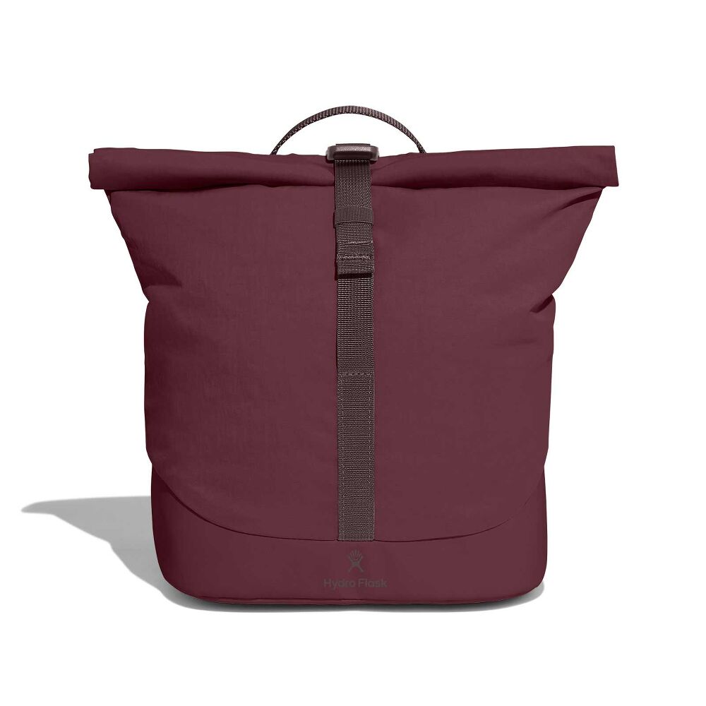 Maroon Hydro Flask roll-top tote with fabric handle, long central strap with buckle, reinforced darker bottom, durable water-resistant material, and logo near base.