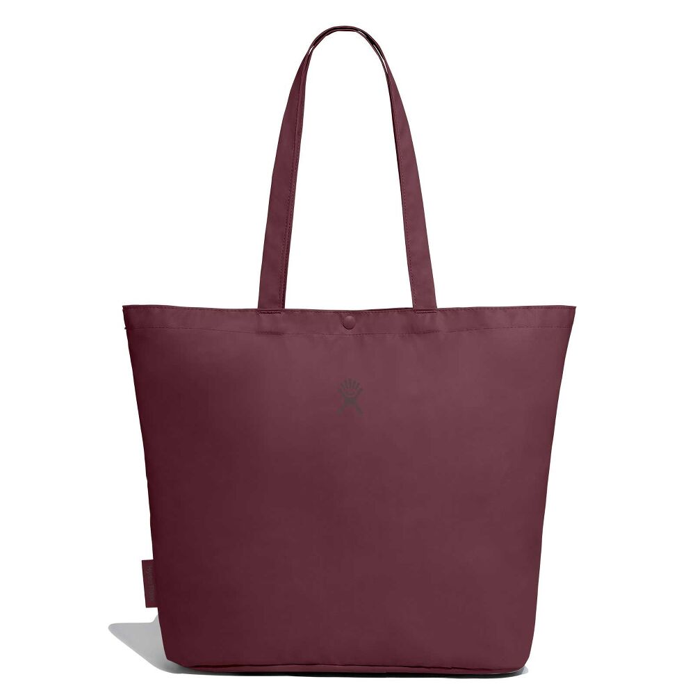 Large burgundy Hydro Flask tote bag with two long shoulder straps, snap-button closure, subtle hand logo on front, and smooth durable fabric. Tapered toward the bottom.