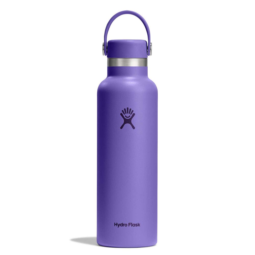 Purple Hydro Flask wide-mouth water bottle with stainless steel band below cap, matching purple flex strap handle, matte textured finish, and logo on front.